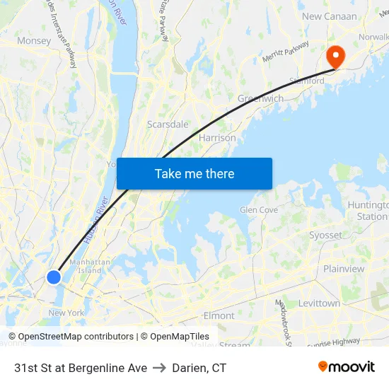 31st St at Bergenline Ave to Darien, CT map
