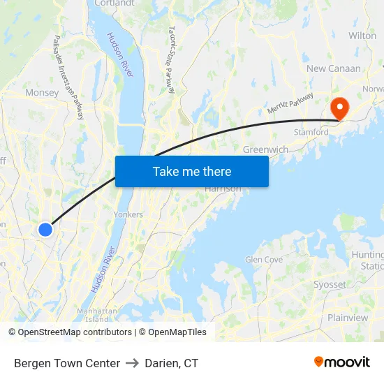 Bergen Town Center to Darien, CT map