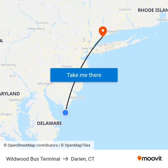 Wildwood Bus Terminal to Darien, CT map