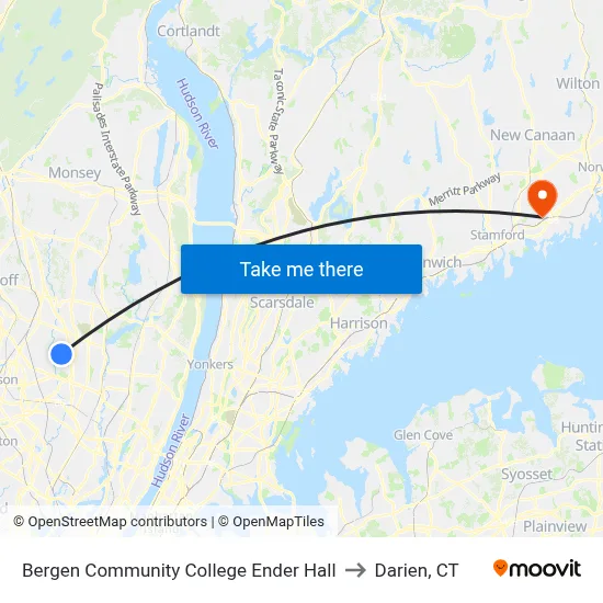 Bergen Community College Ender Hall to Darien, CT map