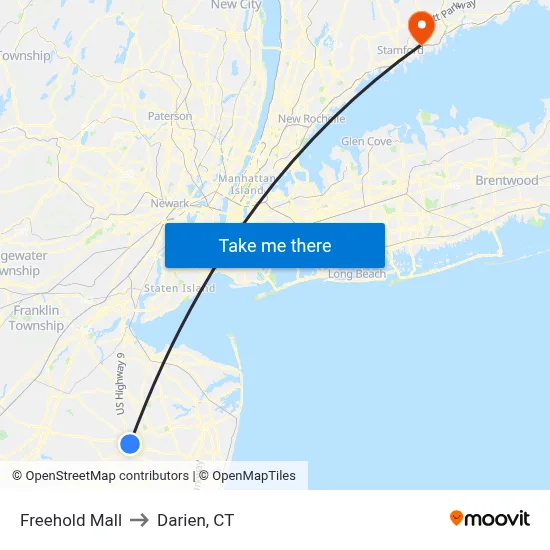 Freehold Mall to Darien, CT map