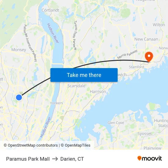 Paramus Park Mall to Darien, CT map