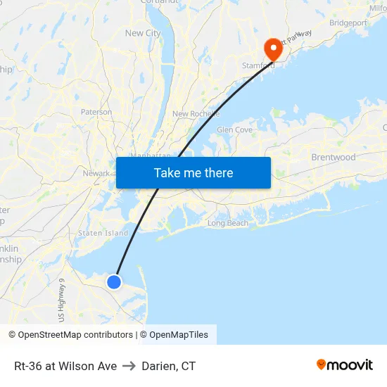 Rt-36 at Wilson Ave to Darien, CT map