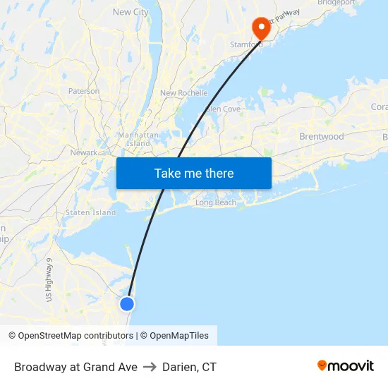 Broadway at Grand Ave to Darien, CT map