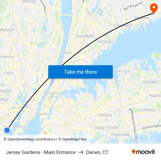 Jersey Gardens - Main Entrance to Darien, CT map