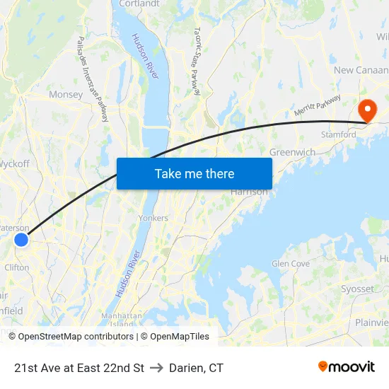 21st Ave at East 22nd St to Darien, CT map