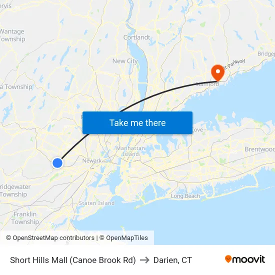 Short Hills Mall (Canoe Brook Rd) to Darien, CT map