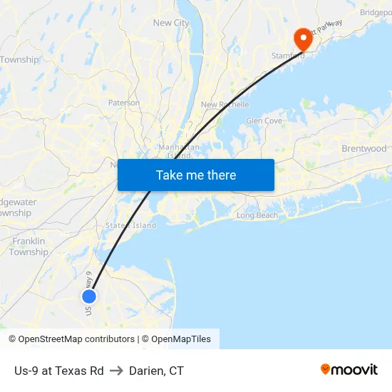 Us-9 at Texas Rd to Darien, CT map
