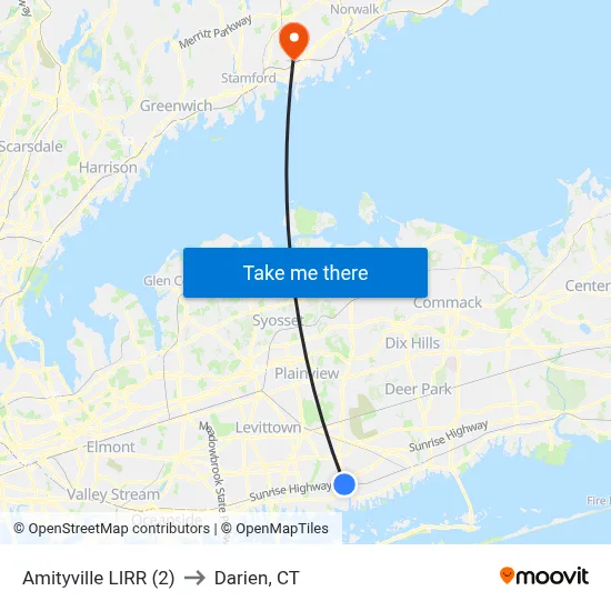 Amityville LIRR (2) to Darien, CT map