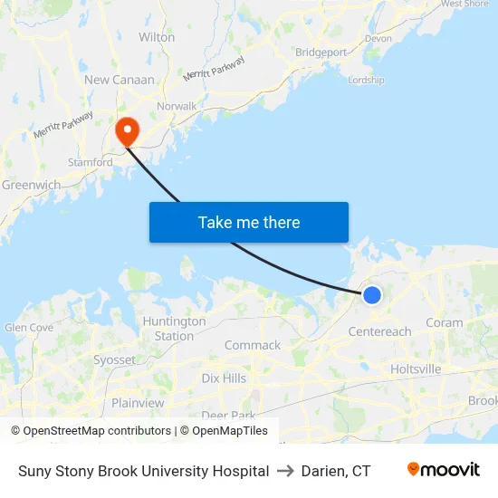 Suny Stony Brook University Hospital to Darien, CT map