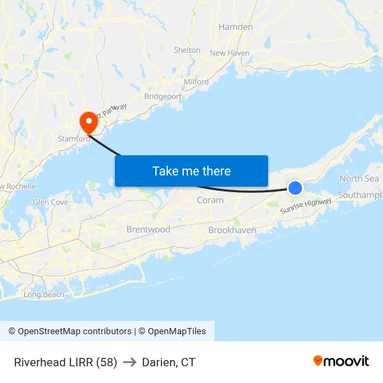 Riverhead LIRR (58) to Darien, CT map