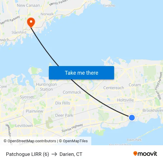 Patchogue LIRR (6) to Darien, CT map