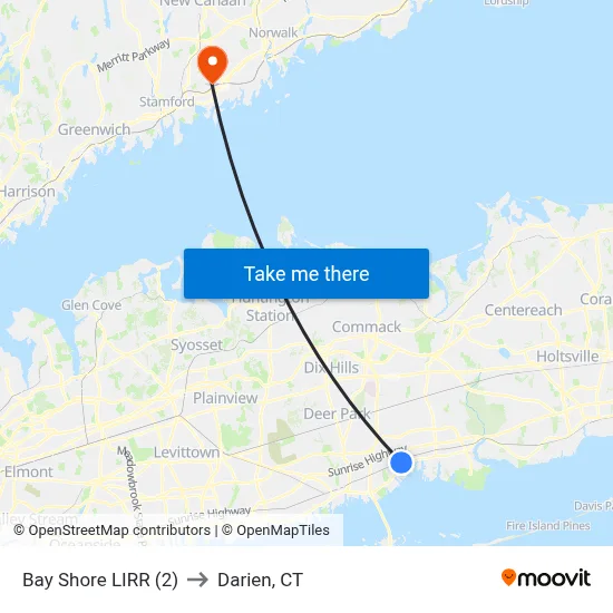 Bay Shore LIRR (2) to Darien, CT map