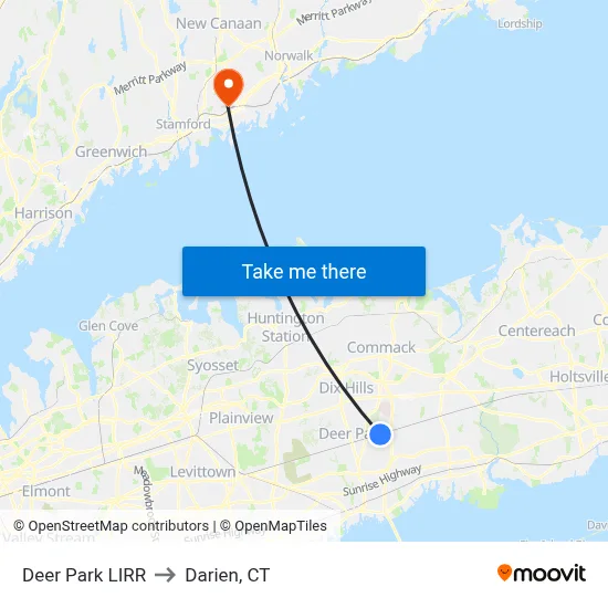 Deer Park LIRR to Darien, CT map
