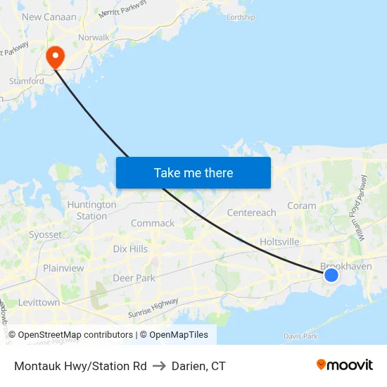 Montauk Hwy/Station Rd to Darien, CT map