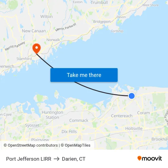 Port Jefferson LIRR to Darien, CT map