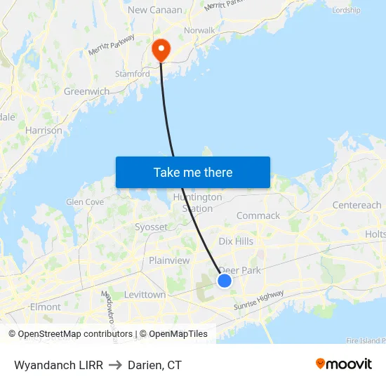 Wyandanch LIRR to Darien, CT map