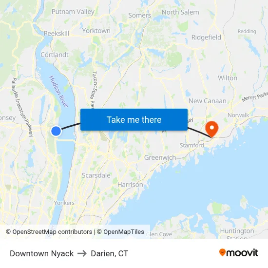Downtown Nyack to Darien, CT map