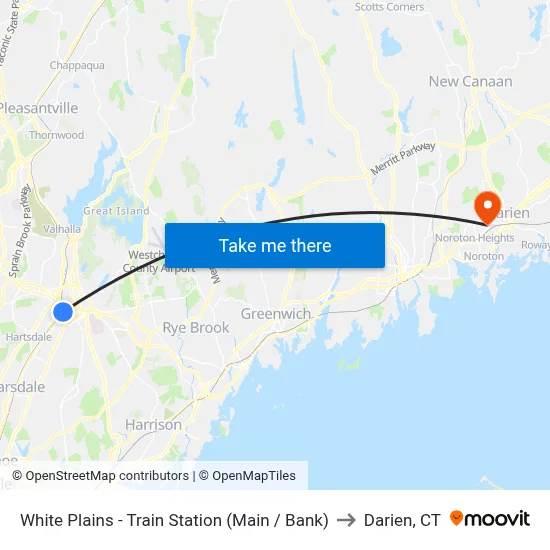 White Plains - Train Station (Main / Bank) to Darien, CT map