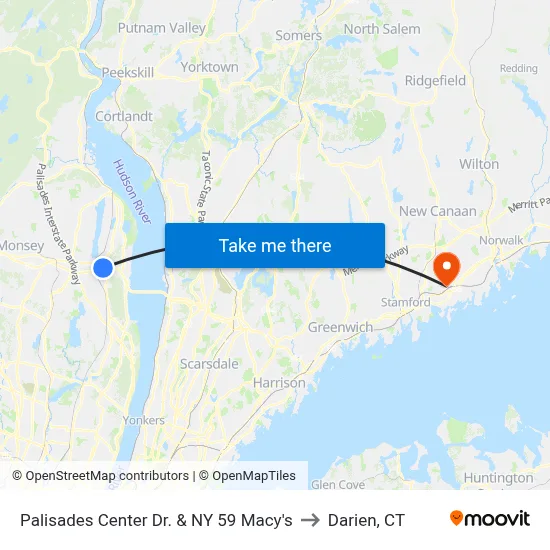 Palisades Center Dr. & NY 59 Macy's to Darien, CT map