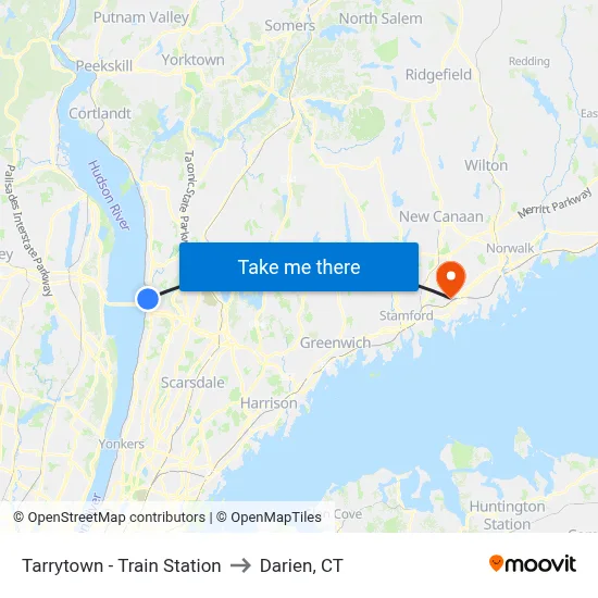 Tarrytown - Train Station to Darien, CT map