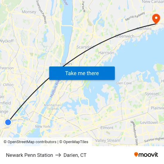 Newark Penn Station to Darien, CT map