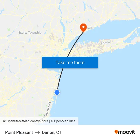 Point Pleasant to Darien, CT map