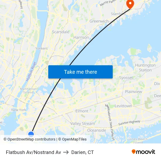 Flatbush Av/Nostrand Av to Darien, CT map