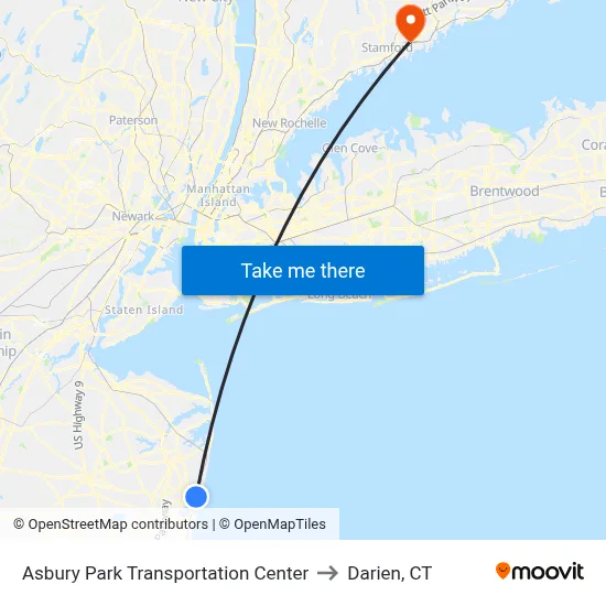 Asbury Park Transportation Center to Darien, CT map