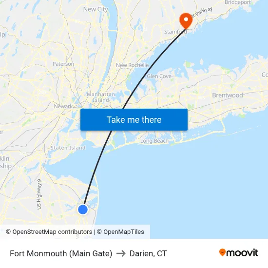 Fort Monmouth (Main Gate) to Darien, CT map