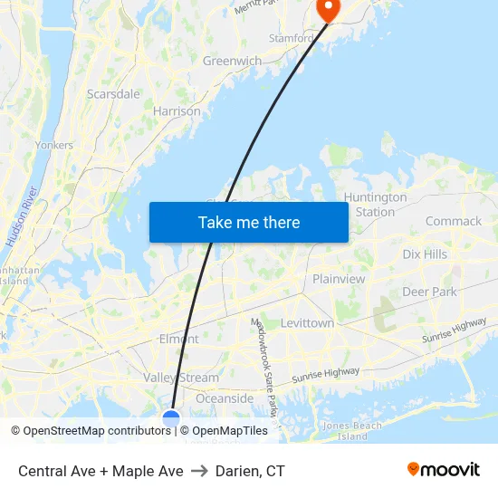 Central Ave + Maple Ave to Darien, CT map