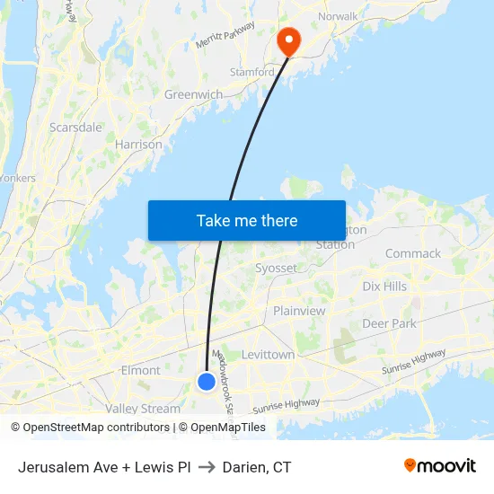 Jerusalem Ave + Lewis Pl to Darien, CT map