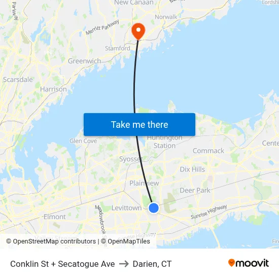 Conklin St + Secatogue Ave to Darien, CT map
