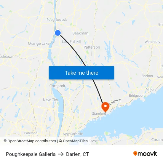 Poughkeepsie Galleria to Darien, CT map