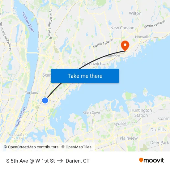 S 5th Ave @ W 1st St to Darien, CT map
