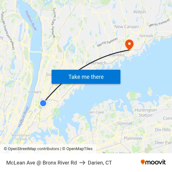 McLean Ave @ Bronx River Rd to Darien, CT map
