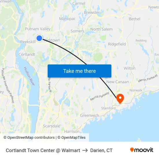 Cortlandt Town Center @ Walmart to Darien, CT map