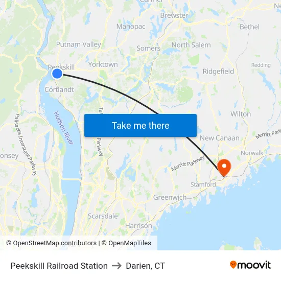 Peekskill Railroad Station to Darien, CT map