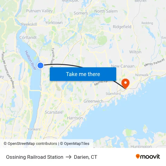 Ossining Railroad Station to Darien, CT map