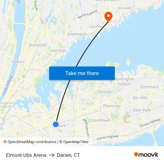 Elmont-Ubs Arena to Darien, CT map