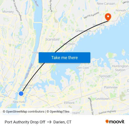 Port Authority Drop Off to Darien, CT map