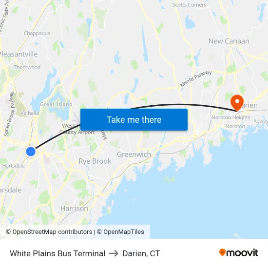 White Plains Bus Terminal to Darien, CT map