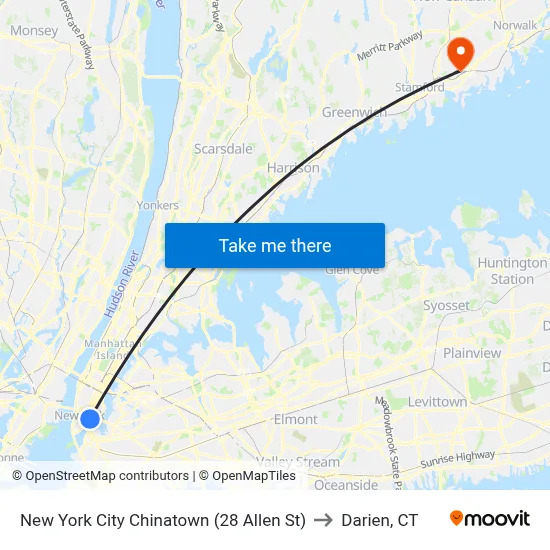 New York City Chinatown (28 Allen St) to Darien, CT map