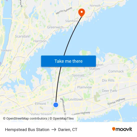 Hempstead Bus Station to Darien, CT map