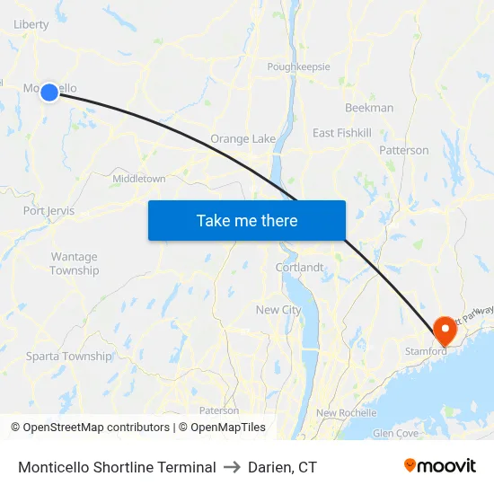 Monticello Shortline Terminal to Darien, CT map