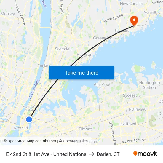 E 42nd St & 1st Ave - United Nations to Darien, CT map