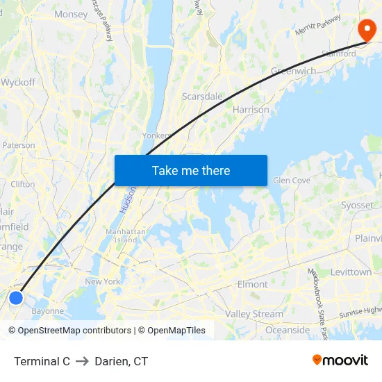 Terminal C to Darien, CT map