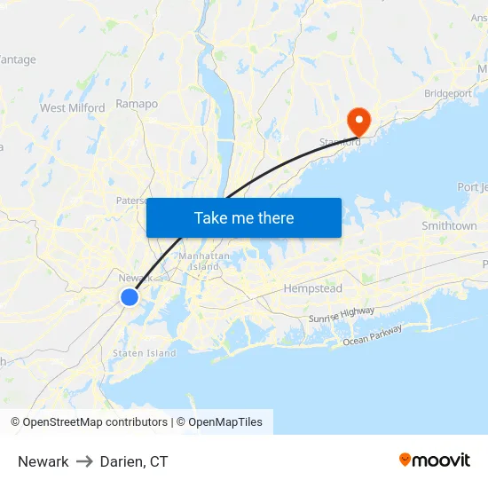 Newark to Darien, CT map