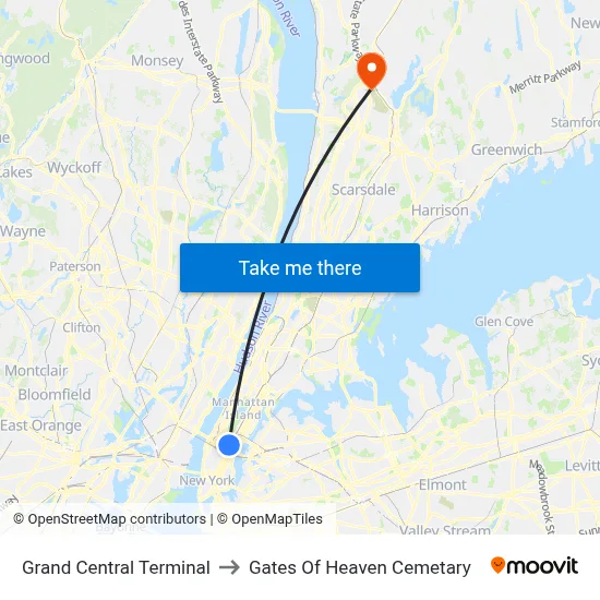 Grand Central Terminal to Gates Of Heaven Cemetary map