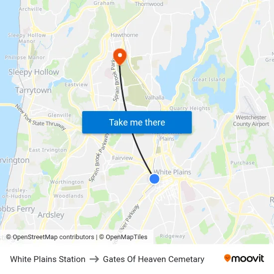 White Plains Station to Gates Of Heaven Cemetary map